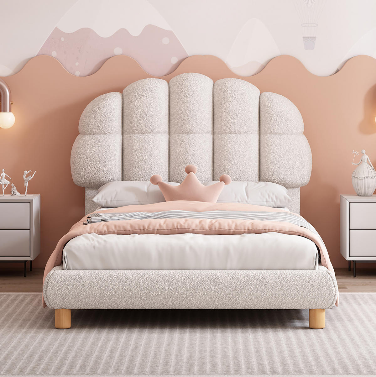 POLSTERBETT 90/200 cm aus Bouclé und MDF mit höhenverstellbarem Kopfteil Weiß - Weiß, Textil (90/200cm) - Modenvie