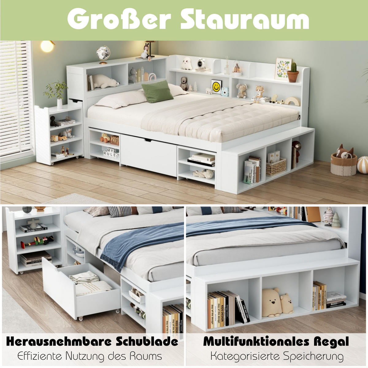 KINDERBETT 140x200cm Weiß Mit Schubladen Bücherregal & Schrank - Weiß, Holzwerkstoff (140/200cm) - FLIEKS