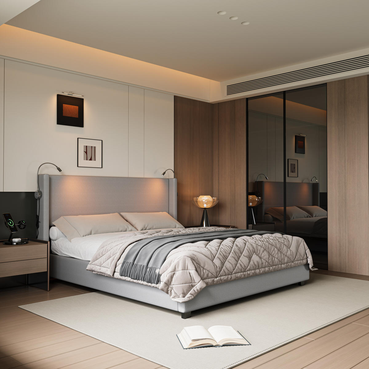 POLSTERBETT 140x200 cm USB Stauraum Lattenrost Cord grau - Grau, Holz (140/200cm) - LEBENLANG