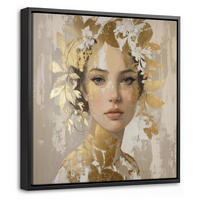 LEINWAND Bilder mit Rahmen - Gesicht - Frau - Blätter - Gold - 20x20 - Beige, Textil (20/20cm) - MuchoWow