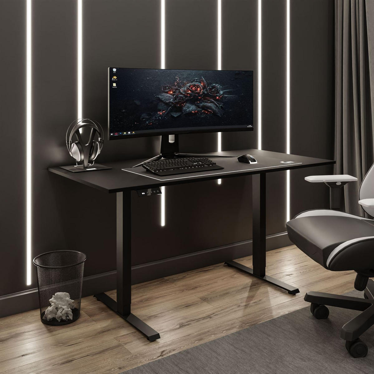 SCHREIBTISCH SPACE GAMING höhenverstellbar mit Metallbeinen schwarz/schwarz - Schwarz, Holzwerkstoff (70/140/69.5cm) - Lookway