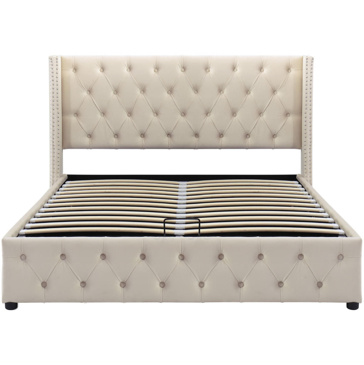 SAMT-POLSTERBETT 140/190 cm mit Bettkasten und gepolstertem Kopfteil - Beige, Textil (140/190cm) - BEAOK