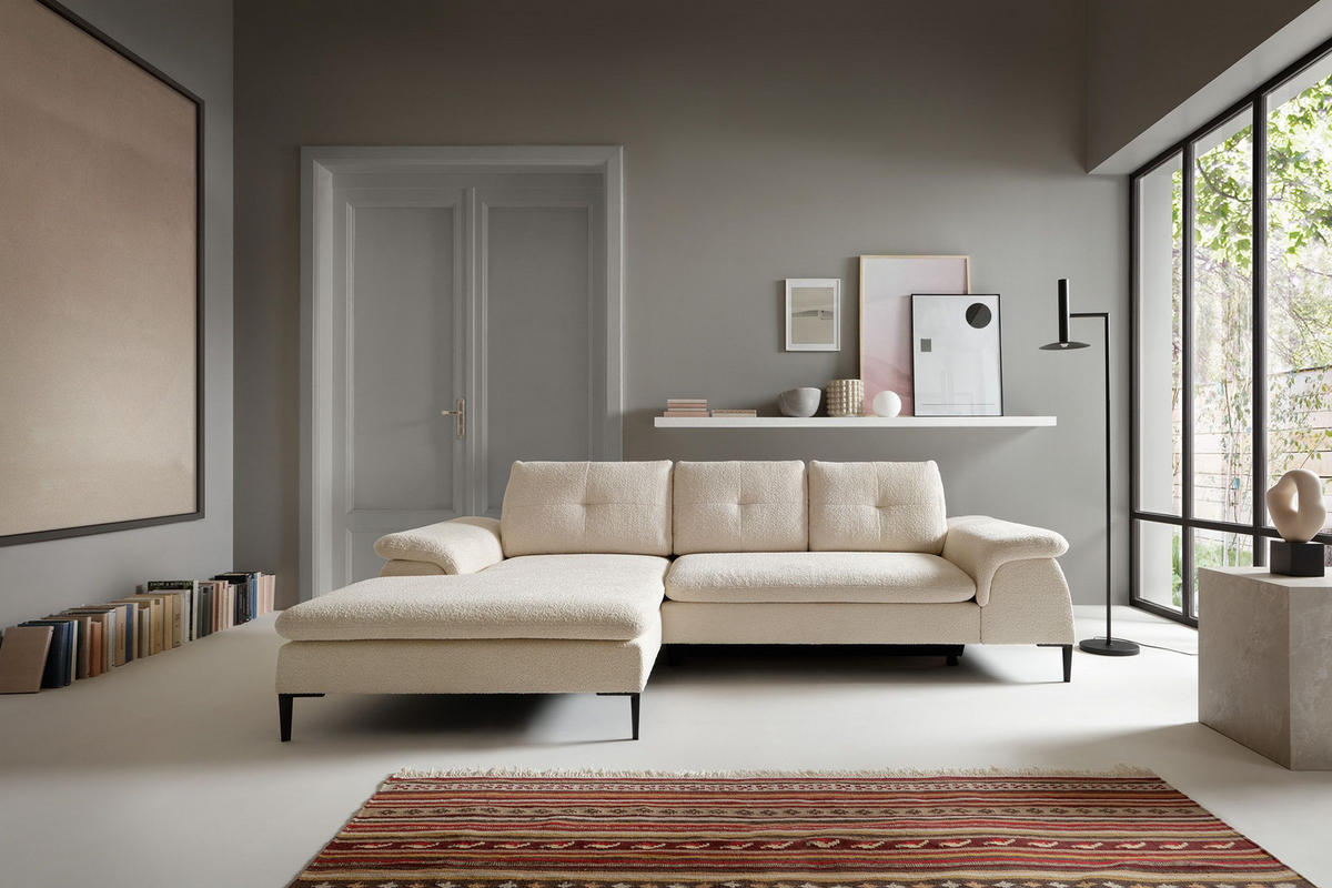 ECKSOFA BREZZA Beige Plüsch-Stoff mit Schlaffunktion - Beige, Holz (268/172cm) - MASSENO