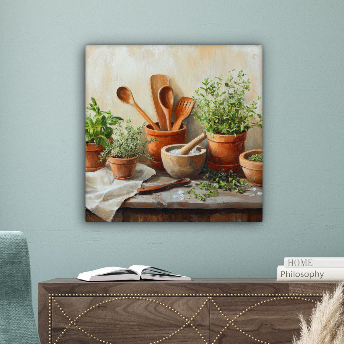 LEINWANDBILD Töpfe - Kräuter - Holz 50x50 cm - Terracotta, Textil (50/50cm) - MuchoWow