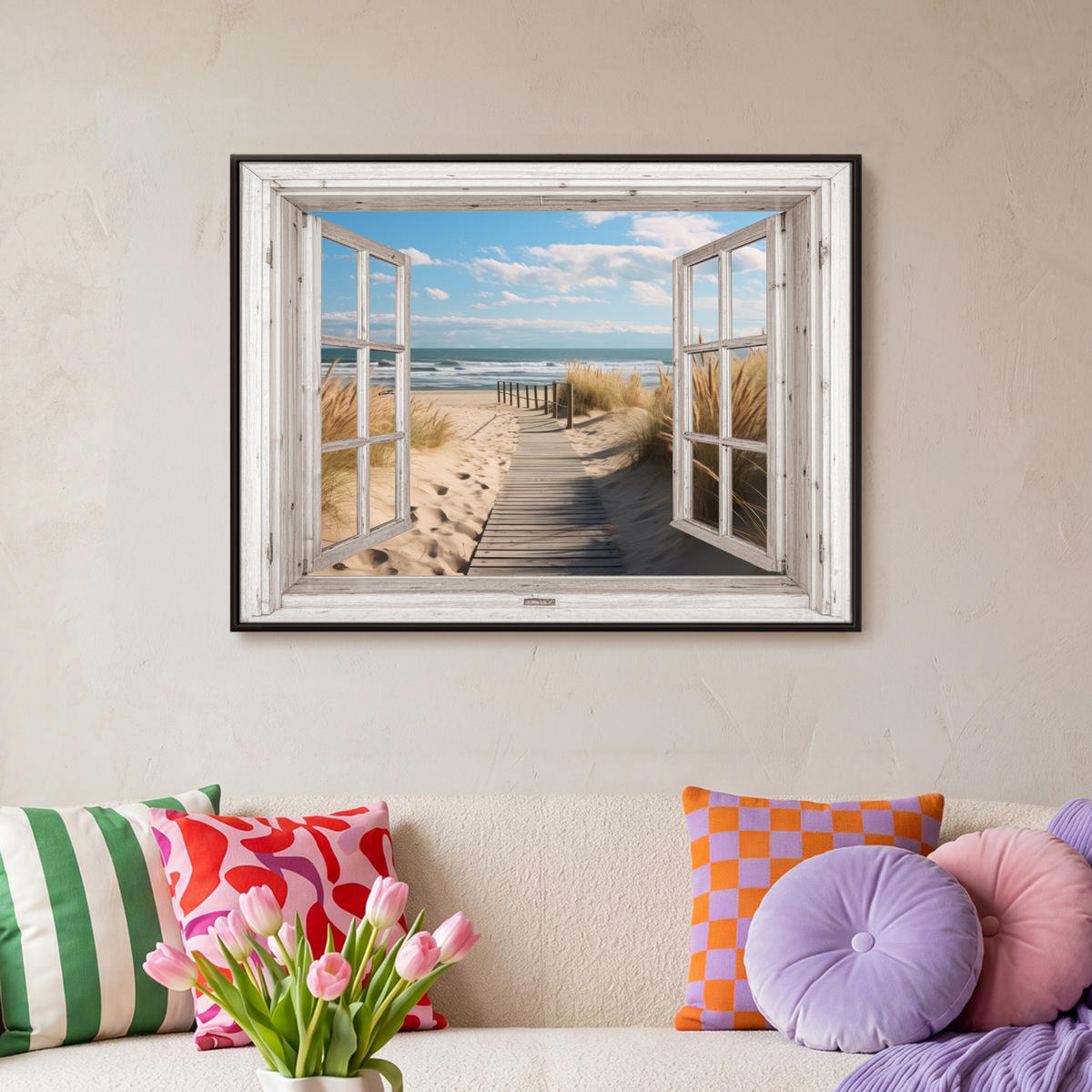 LEINWAND Bilder mit Rahmen - Fenster - Meer - Küste - Natur - Ausblick - Strand - Wattenmeer - 80x60 - Beige, Textil (80/60cm) - MuchoWow