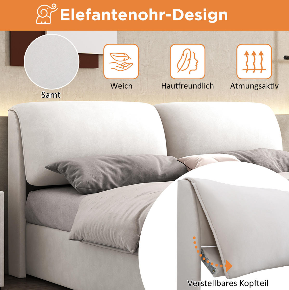 POLSTERBETT 140/200 cm Beige aus Samt mit Bettkasten - Beige, Textil - OKMYHOME