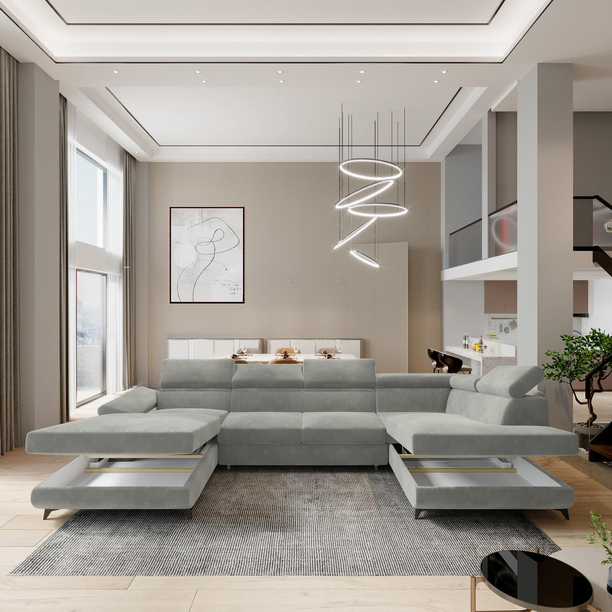 WOHNLANDSCHAFT RUBANO R-S Grau Velours-Stoff mit Schlaffunktion - Grau, Holz (339/89/190cm) - MASSENO