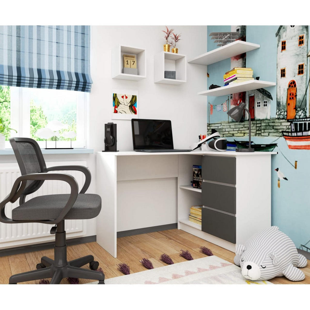 SCHREIBTISCH Weiß, Graphit Grau 77/124/85 - Graphitfarben/Weiß, Holzwerkstoff (85/124/77cm) - RAUMHIRSCH FURNITURE