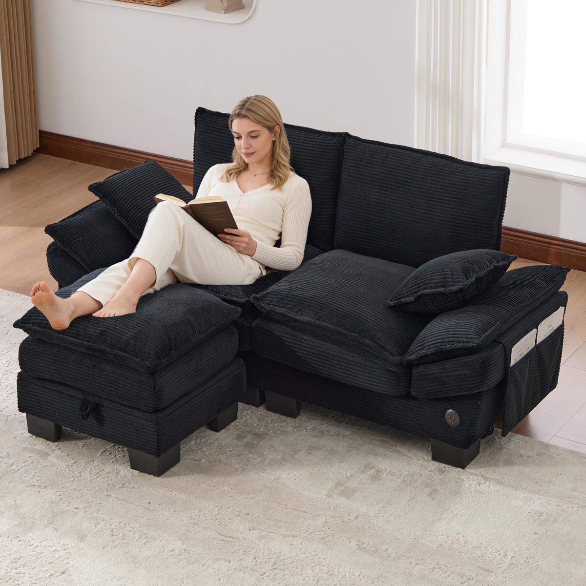 2-SITZER Sofa aus Corduroy 190x132x84 cm mit Hocker & USB-C, schwarz - Schwarz, Textil (132/84/190cm)