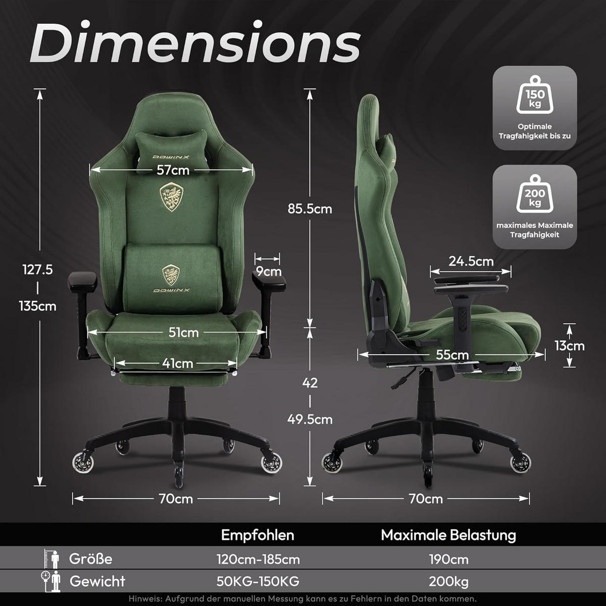 GAMING-STUHL Mikrofaser-Velours Verstellbarer Bürostuhl mit Fußstütze - Grün, Leder (70/128/70cm)