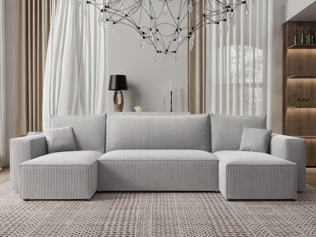 WOHNLANDSCHAFT Adara Schlaffunktion - Hellgrau, Holzwerkstoff/Textil (312/83/145cm) - Fun Möbel