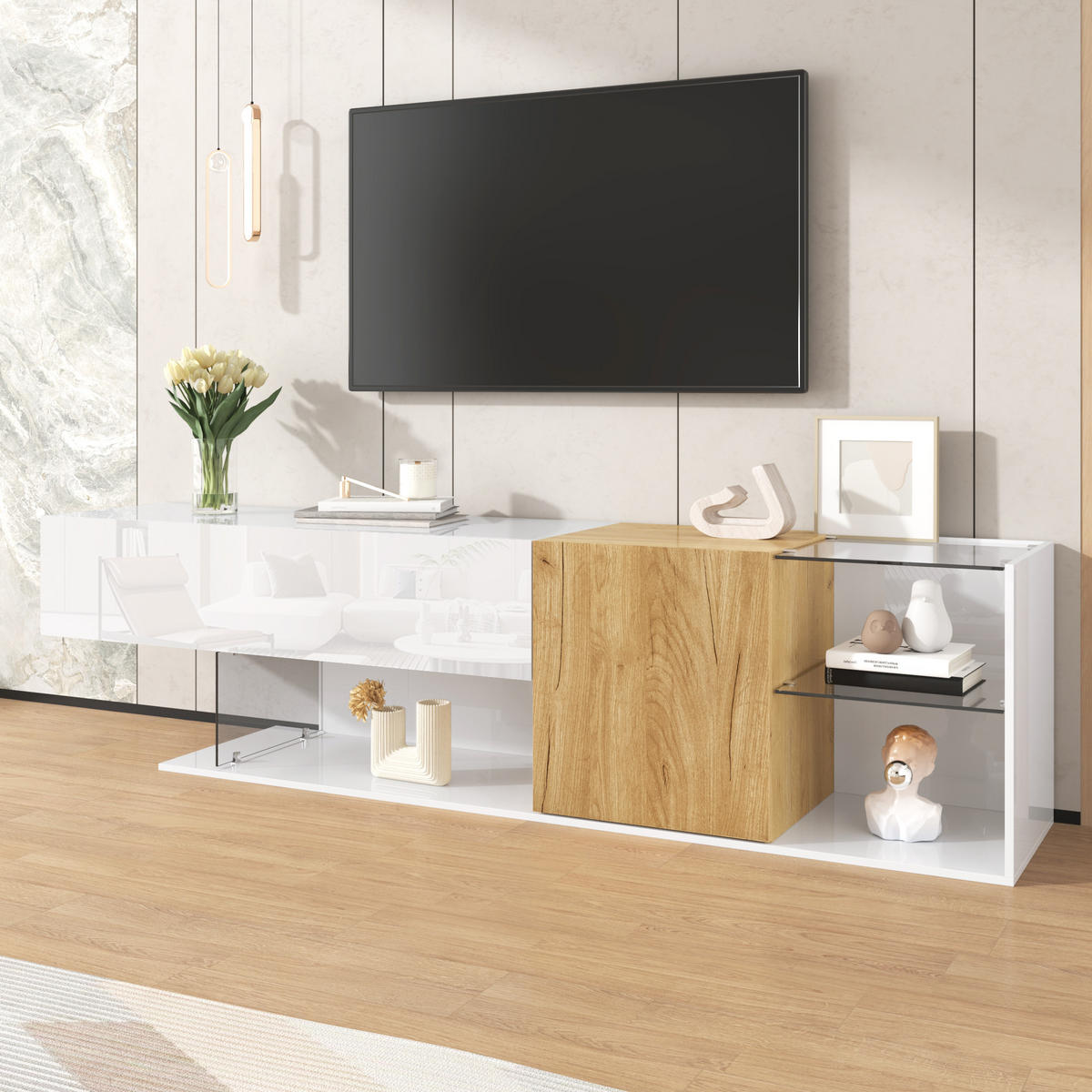 TV-KOMMODE in Hochglanz Weiß mit Holzoptik und Glasregalen 180/38/48 cm - Weiß, Holzwerkstoff (180/48/38cm) - Redom