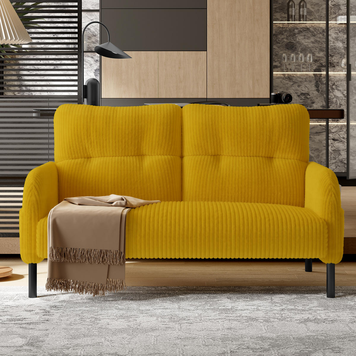 2-SITZER-SOFA Stoffcouch mit Seitentaschen,Cord,Gelb - Gelb, Textil (120/79/75cm) - LVHOM