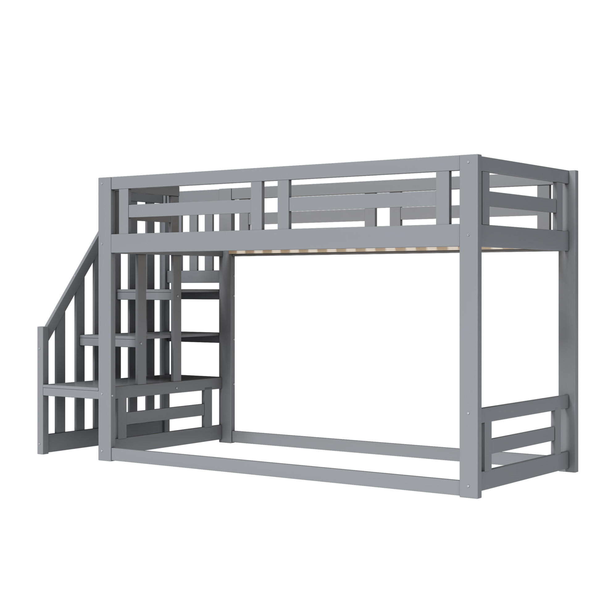 ETAGENBETT 90/200 cm Grau Niedriges Kinderbett mit Sicherheitsleiter aus Massivholz - Grau, Holz (90/200cm) - OKWISH