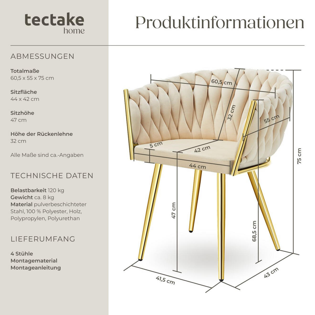 ESSZIMMERSTUHL 4er Set Astano,60,5 x 55 x 75 cm,sandfarben/gold - Sandfarben/Goldfarben, Textil (60.5/75/55cm) - tectake