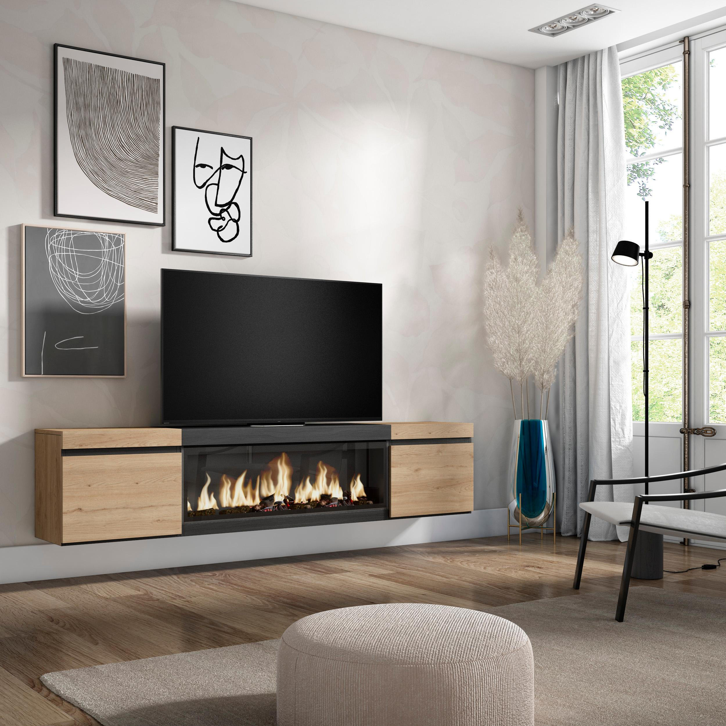 LOWBOARD, Tv-Schrank Elektrokamin XXL, Hängend, eiche, schwarz, 208/35/45cm - Eichefarben/Multicolor, Holzwerkstoff (208/45/35cm) - Skraut Home