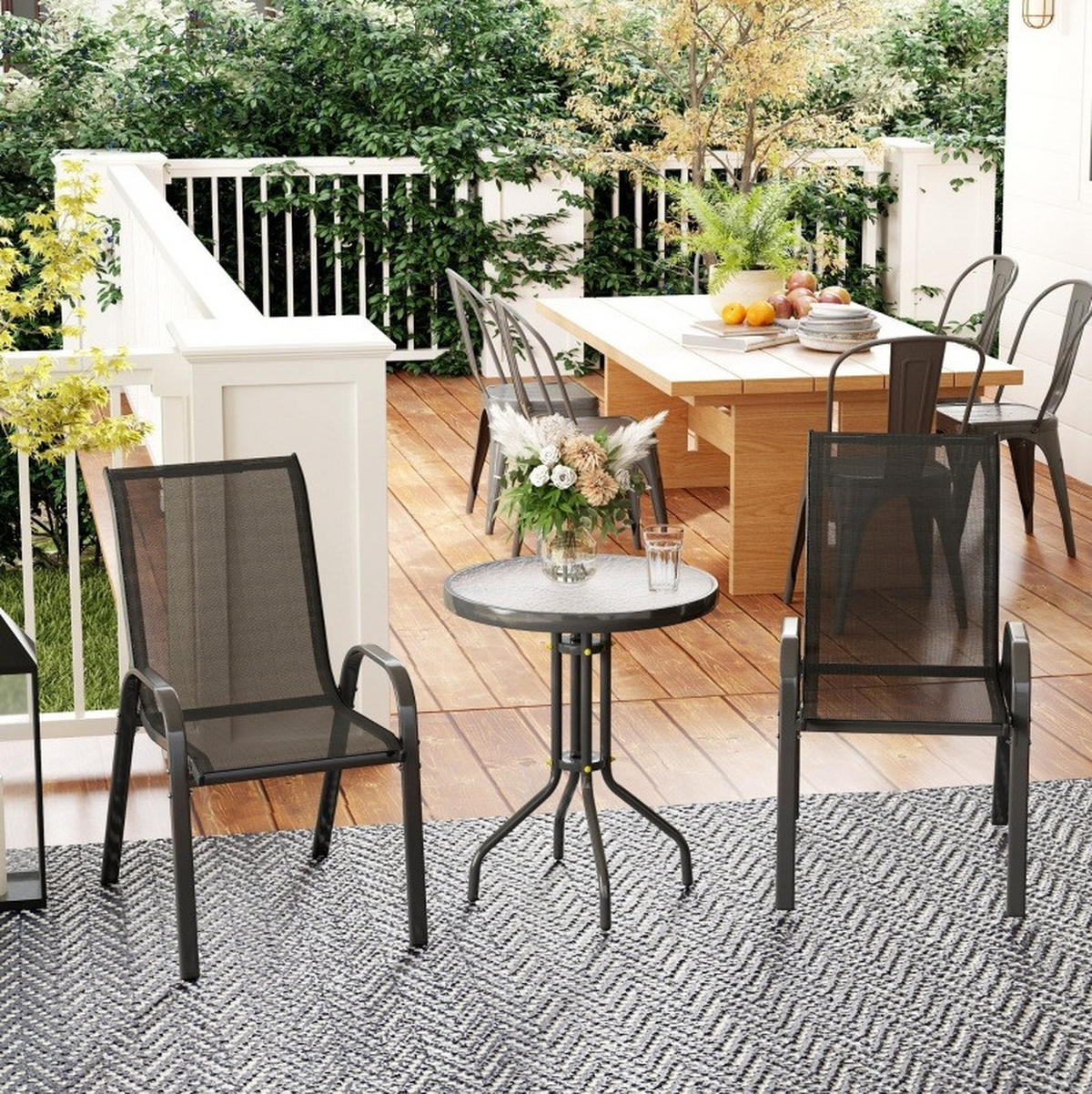 GARTENSETS aus Glas & Metall Ø60x71cm Schwarz mit stapelbaren Stühlen - Schwarz, Metall - Modfu