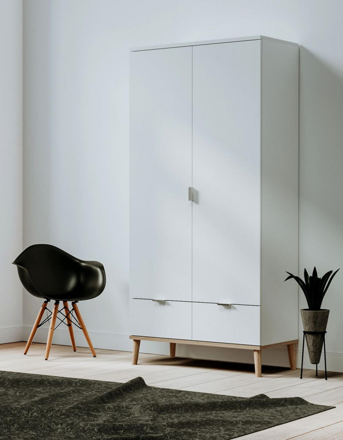 KLEIDERSCHRANK weiß matt, Eiche Sonoma massiv 90 x 180 cm, Drehtürenschrank skandinavisch - Chromfarben/Eichefarben, Holz/Holzwerkstoff (90/180/55cm) - Furn.Design