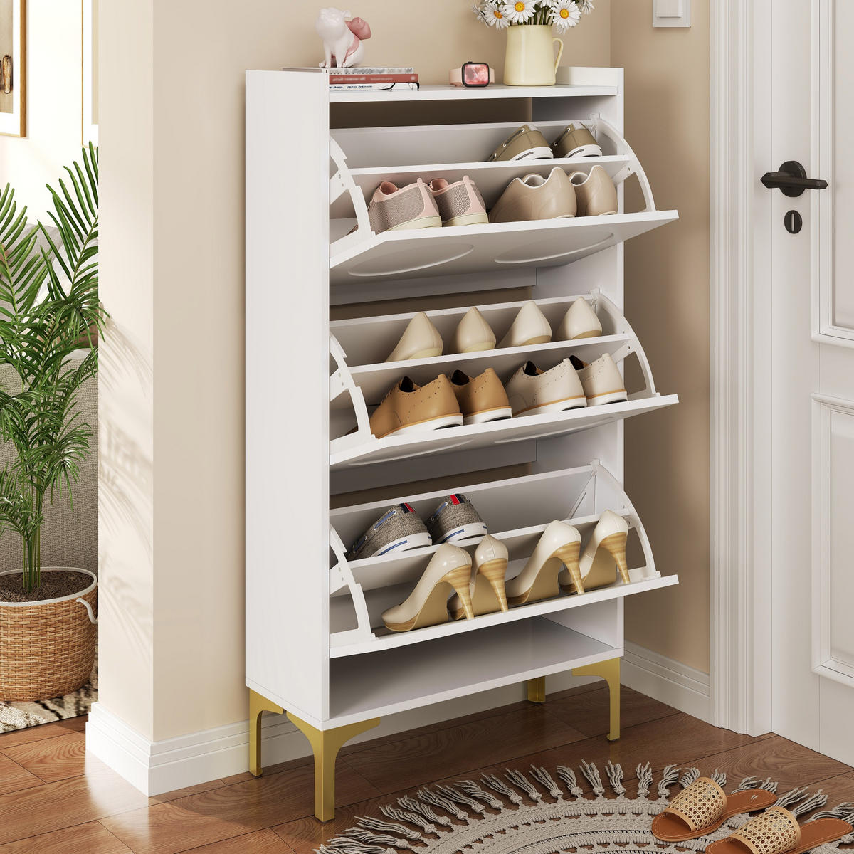 SCHUHSCHRANK aus MDF 63x24x120cm in Weiß mit goldfarbenen Metallbeinen - Weiß, Holzwerkstoff (63/120/24cm) - Modfu