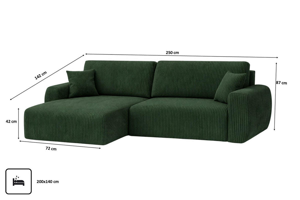 ECKSOFA Mit Schlaffunktion Ariel L, Cordstoff, Stoff Poso, Grün, Links - Grün, Holz (250/142cm) - Kaiser Möbel