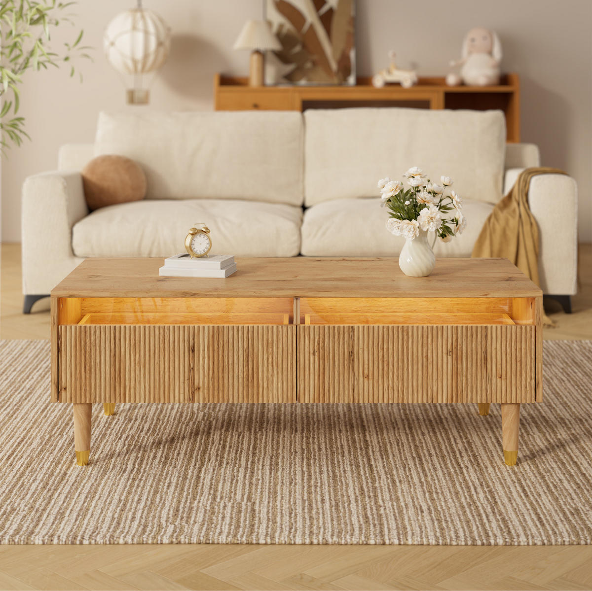 KONFERENČNÍ stolek 110/50/40 cm v dekoru dřeva z MDF se 2 zásuvkami a LED osvětlením - přírodní, kompozitní dřevo (110/50/40cm) - OKWISH