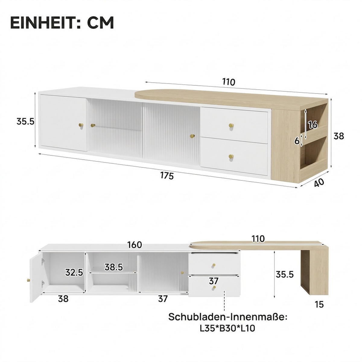 TV-SCHRANK 175/40/38 cm Weiß mit LED-Beleuchtung, 2 Schubladen, 2 Glas-Schiebetüren und 1 Schrankfach - Weiß, Holzwerkstoff (175/38/40cm) - Oxeza