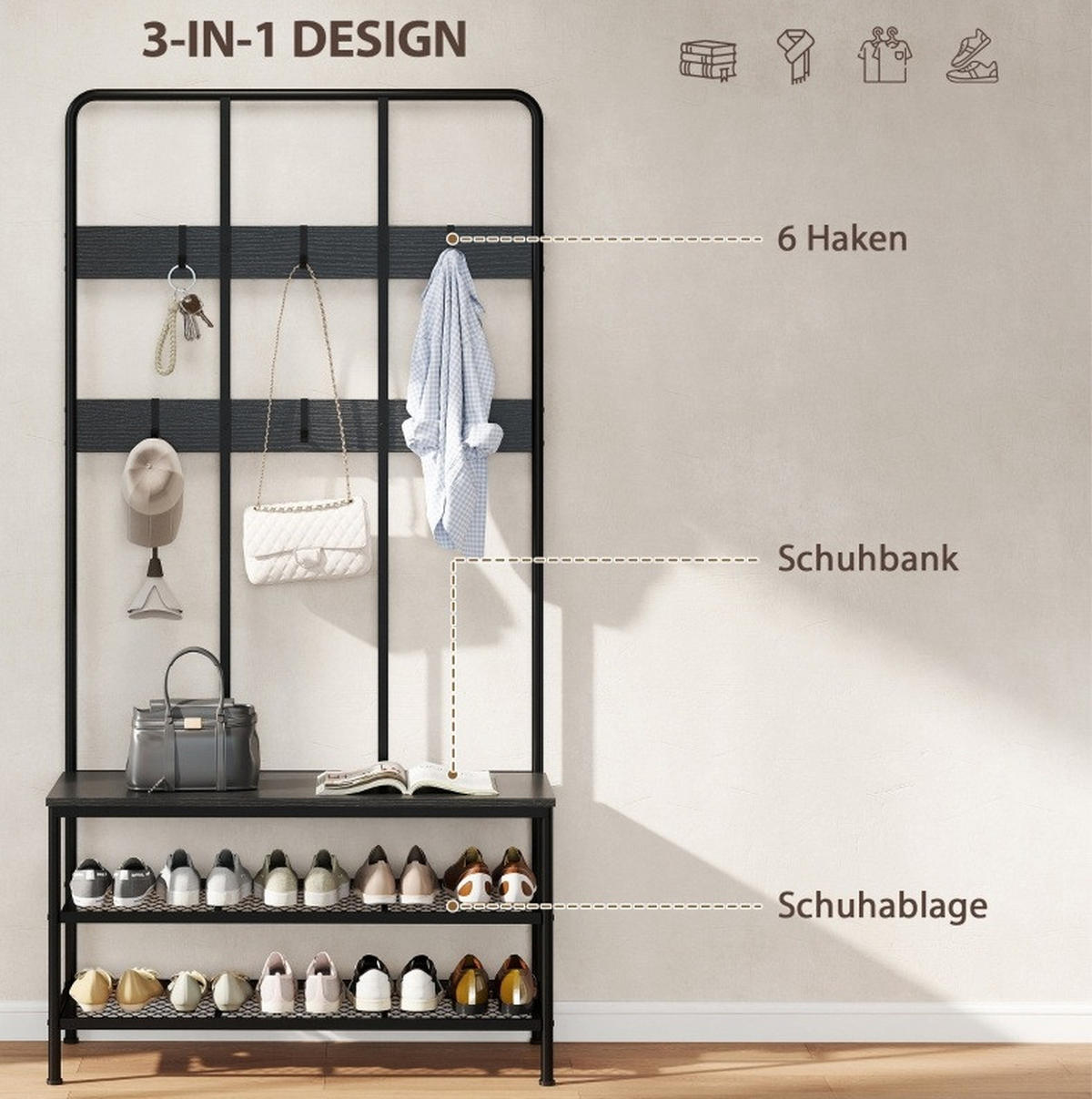 GARDEROBENSTÄNDER mit Sitzbank, 6 Haken, 2 Schuhregalen und Kippschutz, Schwarz - Schwarz, Metall (91/180/36cm) - Redom