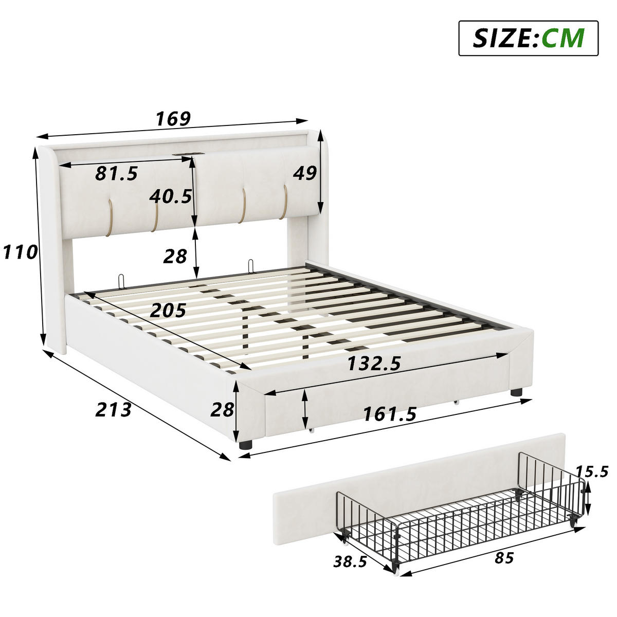 POLSTERBETT 160x200 cm, Doppelbett mit LED & USB - Weiß, Textil/Metall (160/200cm)