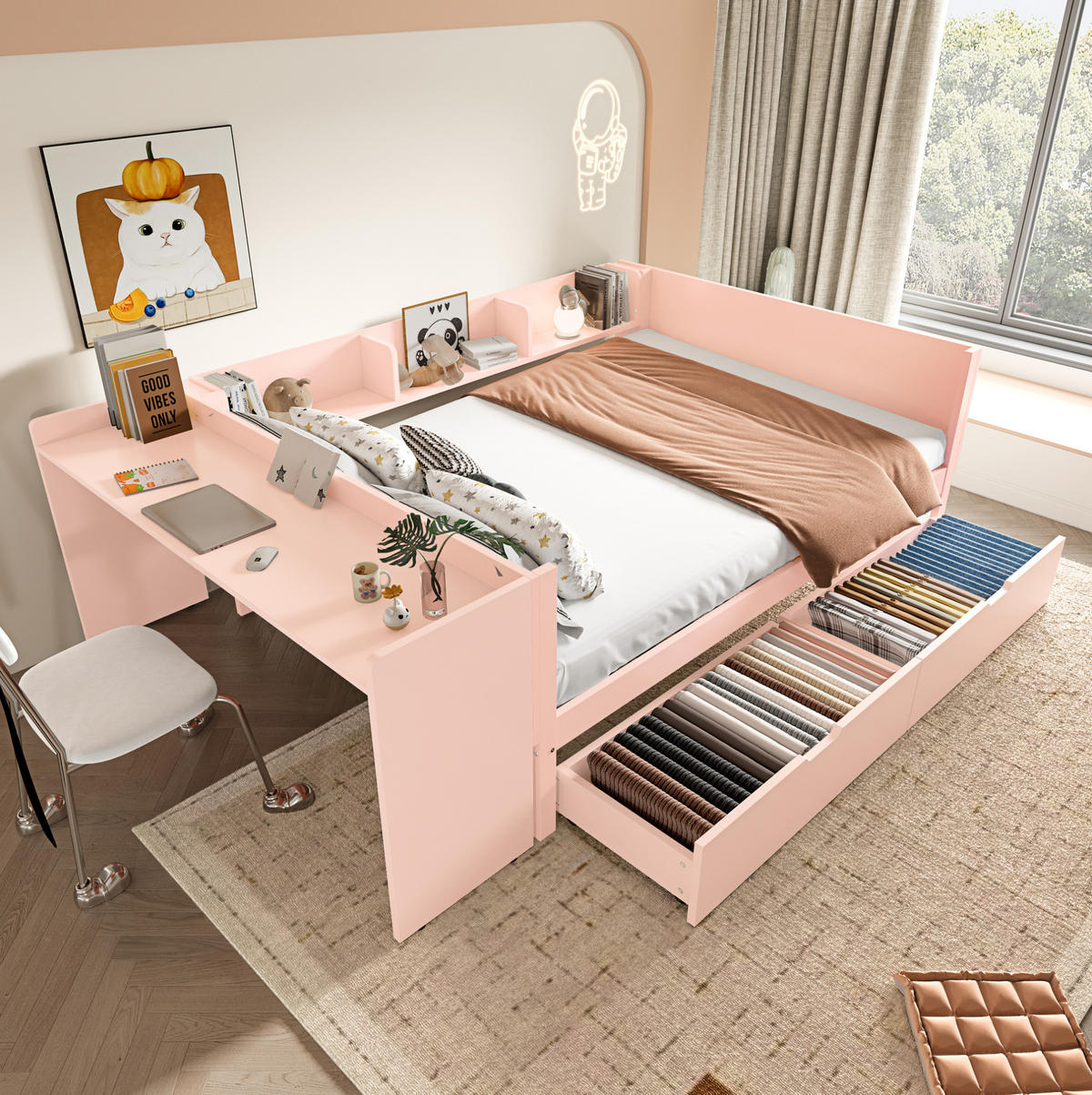 KINDERBETT aus Kiefer und Spanplatte 140x200 cm Weiß/Rosa mit Schreibtisch, 2 Schubladen und 3 Regalen - Rosa, Holzwerkstoff (140/200cm) - Modfu