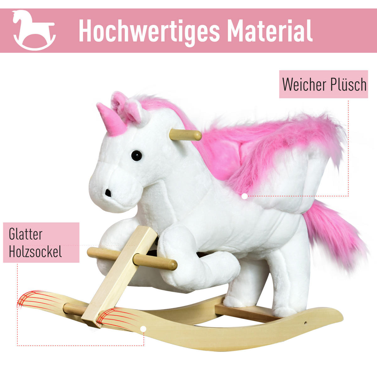 KINDER SCHAUKELTIER, Rosa+Weiß, Plüsch+ Holz - Rosa, Holz (32/55/65cm) - HOMCOM