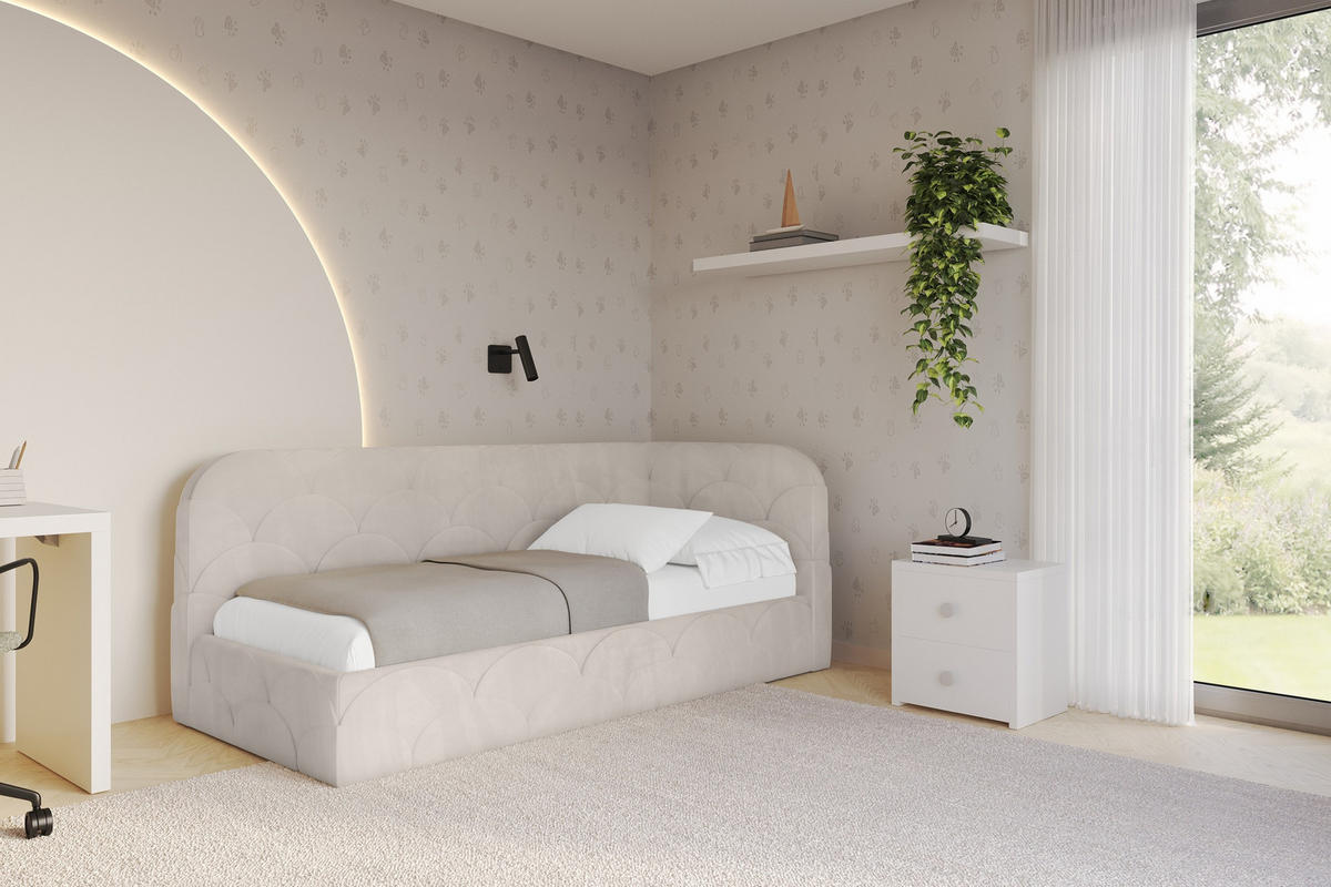 EINZELLBETT Jugendbett mit Bettkasten und Matratze H3/H4, Links - ELRY 90x200 Beige - Ecru, Holzwerkstoff/Textil (90/200cm) - ALTDECOR