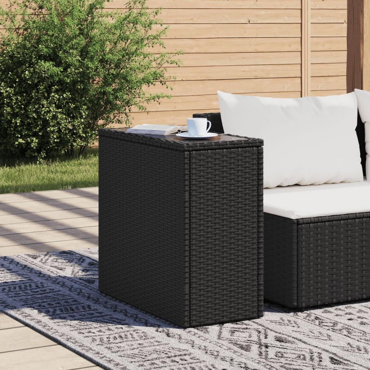 GARTEN-BEISTELLTISCH Mit Glasplatte Schwarz 58/27,5/55Cm Rattan - Schwarz, Kunststoff (58/27.5/55cm) - vidaXL