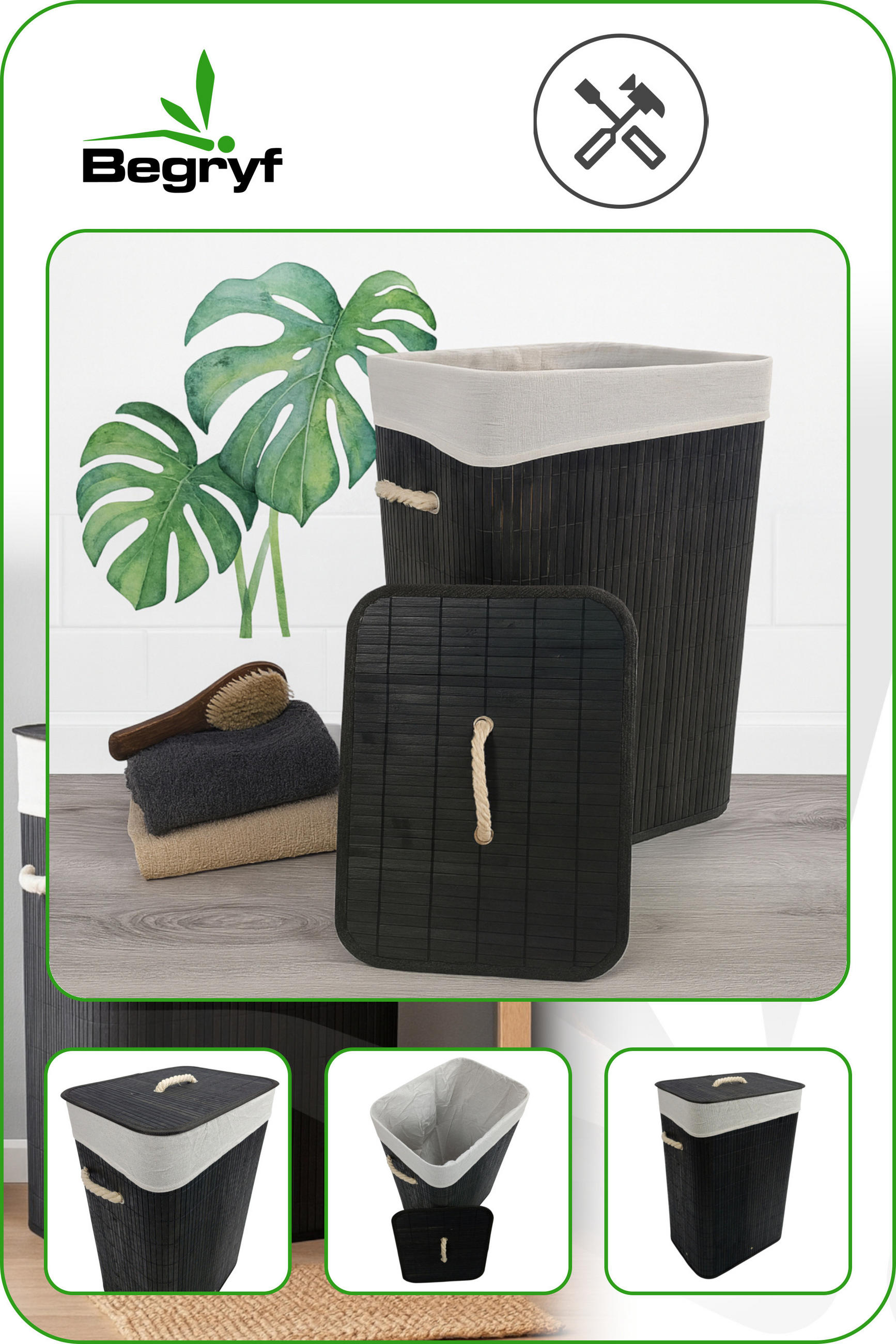 WÄSCHEKORB Bambus Schwarz mit Deckel 60x40x30 cm - Schwarz, Holzwerkstoff (40/60/30cm) - Begryf