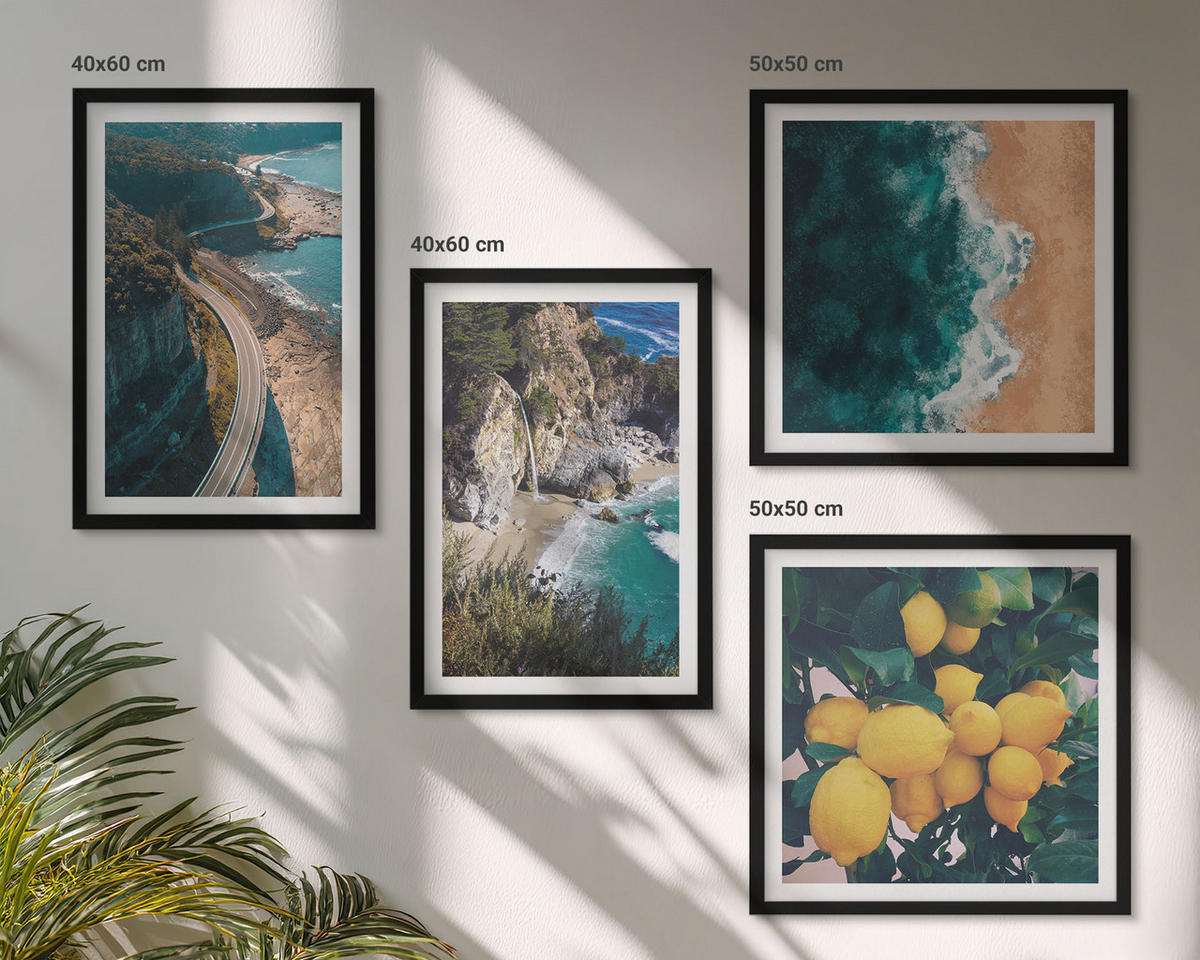 WANDBILDER 4er-Set - 50x50 cm & 40x60 cm Schwarzer Rahmen - Meerstrand Zitronen Berge - Schwarz, Kunststoff (50/50cm) - ArtPrintCave