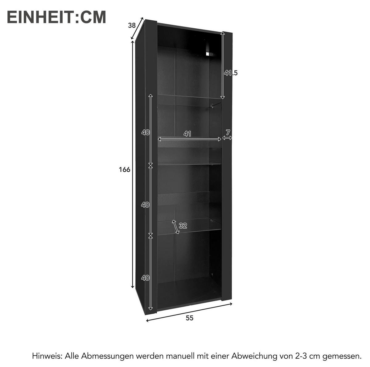 VITRINE 55/38/166 cm in Schwarz Hochglanz mit LED-Beleuchtung - Schwarz, Holzwerkstoff (55/166/38cm) - Flora Grace