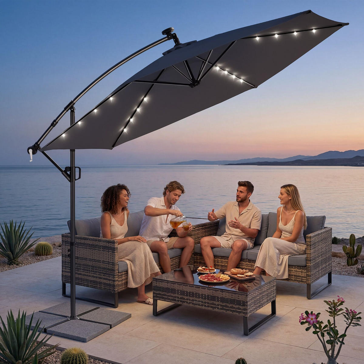 AMPELSCHIRM Artemis, mit LED Solar-Beleuchtung, inkl. Schutzhülle, grau - Grau, Metall (350/337cm) - tectake