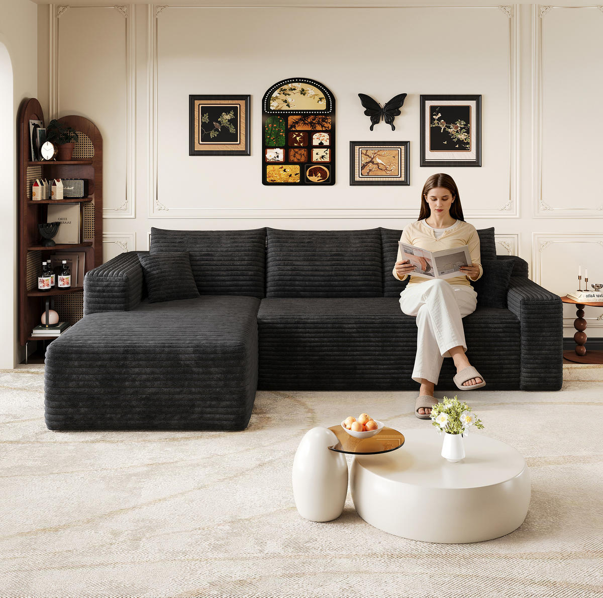 ECKSOFA 241/151/58 cm schwarz aus Stoff mit Chaiselongue ohne Montage - Schwarz, Textil (151/241cm) - OKWISH