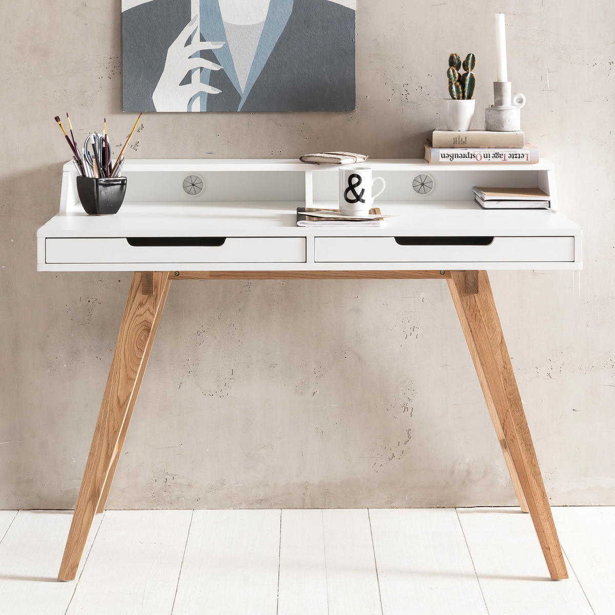 SCHREIBTISCH – Retro Look, große Arbeitsfläche, modern - Beige/Weiß, Eichenholz/Holz (60/110/85cm) - KADIMA DESIGN
