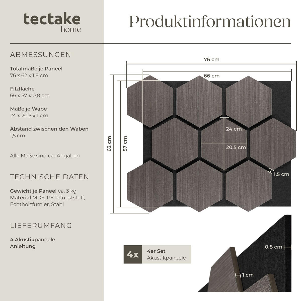 AKUSTIKPANEELE Sonic Shield, je 76 x 62 x 1,8 cm, Größe flexibel anpassbar, Eiche grau - Grau/Silbereichenfarben, Holz (62/1.8/76cm) - tectake