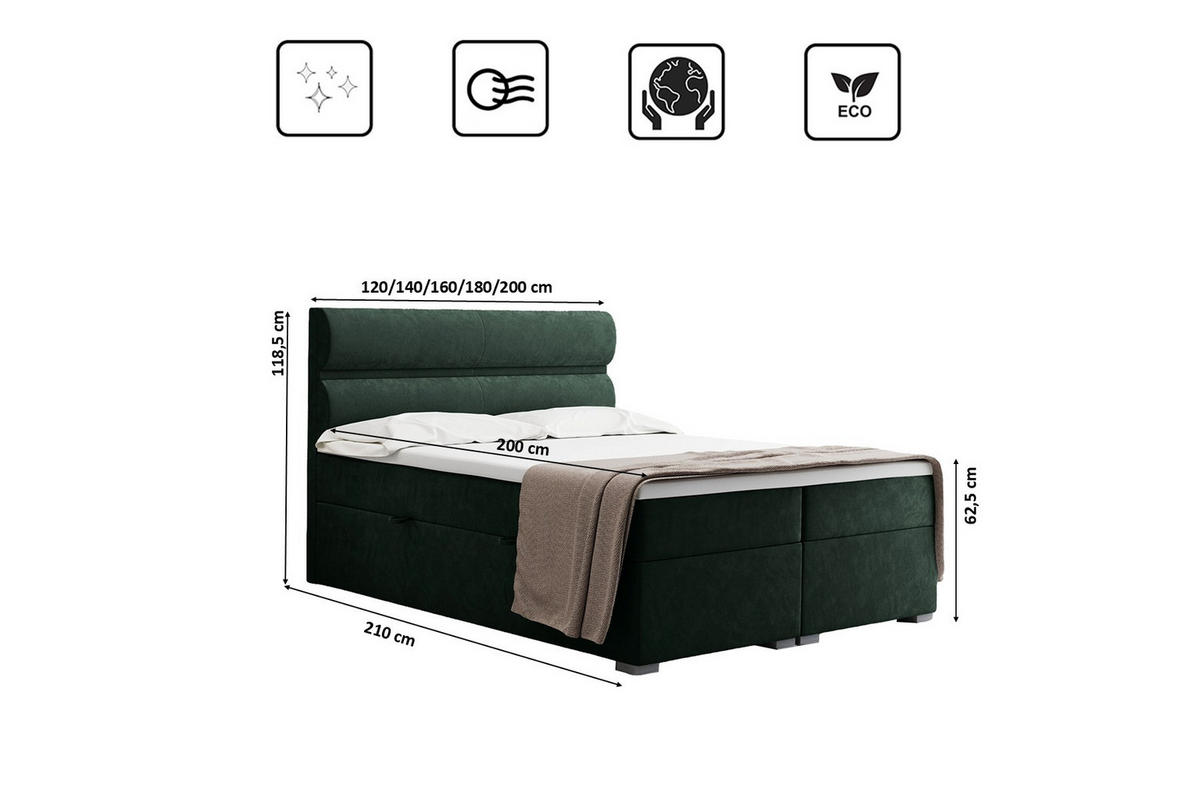 BOXBETT Mit Bettkasten, Matratze Und Topper VERA Stoff Riviera 120x200 cm Grün H3-Bonell - Grün, Holz/Textil (120/200cm) - Kaiser Möbel