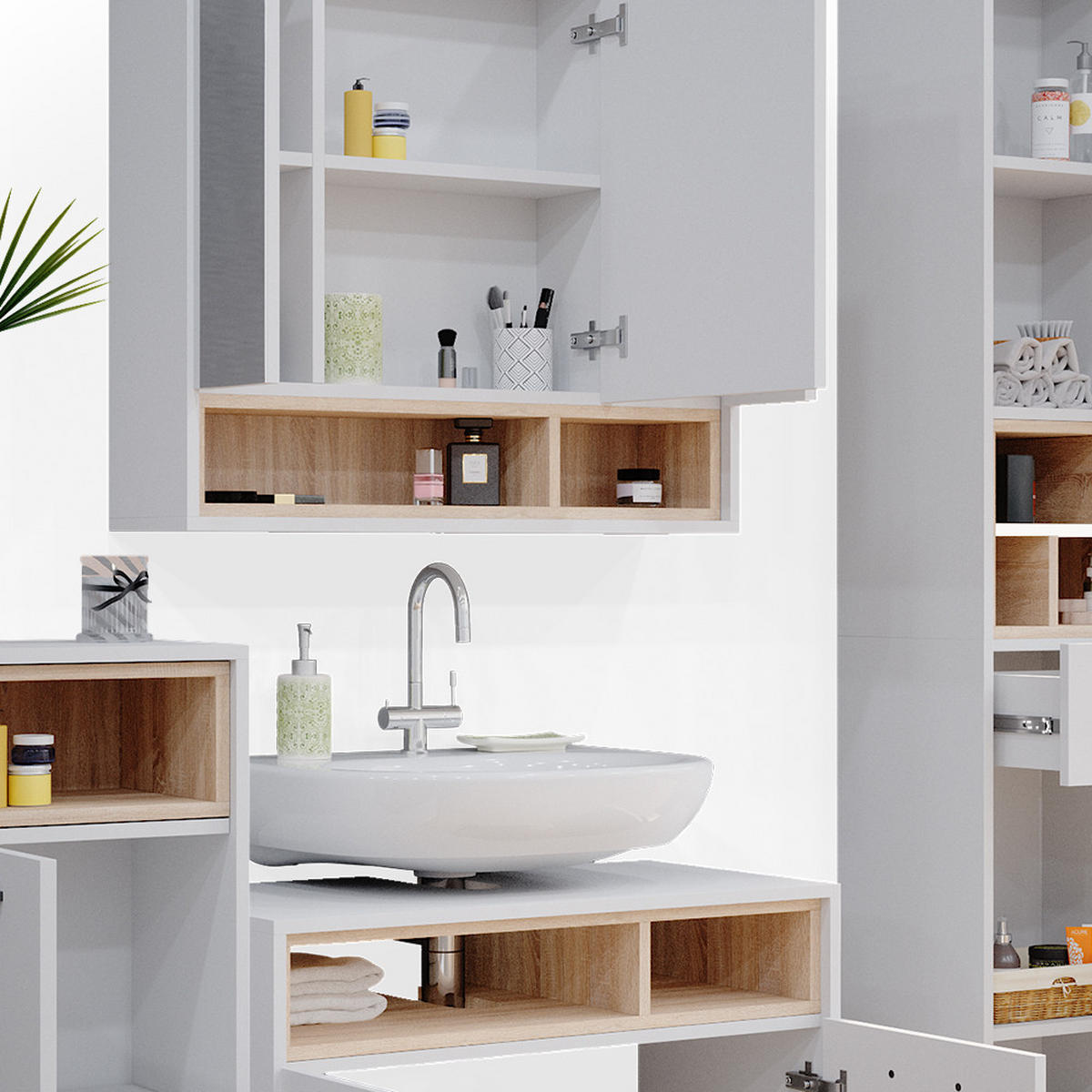 BADMÖBEL-SET Beatrice Weiß 4 Teile - Weiß/Sonoma Eiche, Holzwerkstoff (80/64/40cm) - Vicco