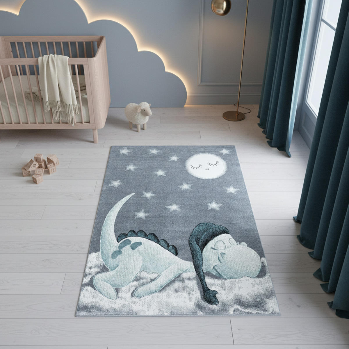 KINDERTEPPICH Dino Pflegeleicht Waschbar Kinderzimmer OEKO-TEX Blau 160x230 cm Gekettelt Flur – NOLA - Blau, Textil (160/230cm) - KADIMA DESIGN