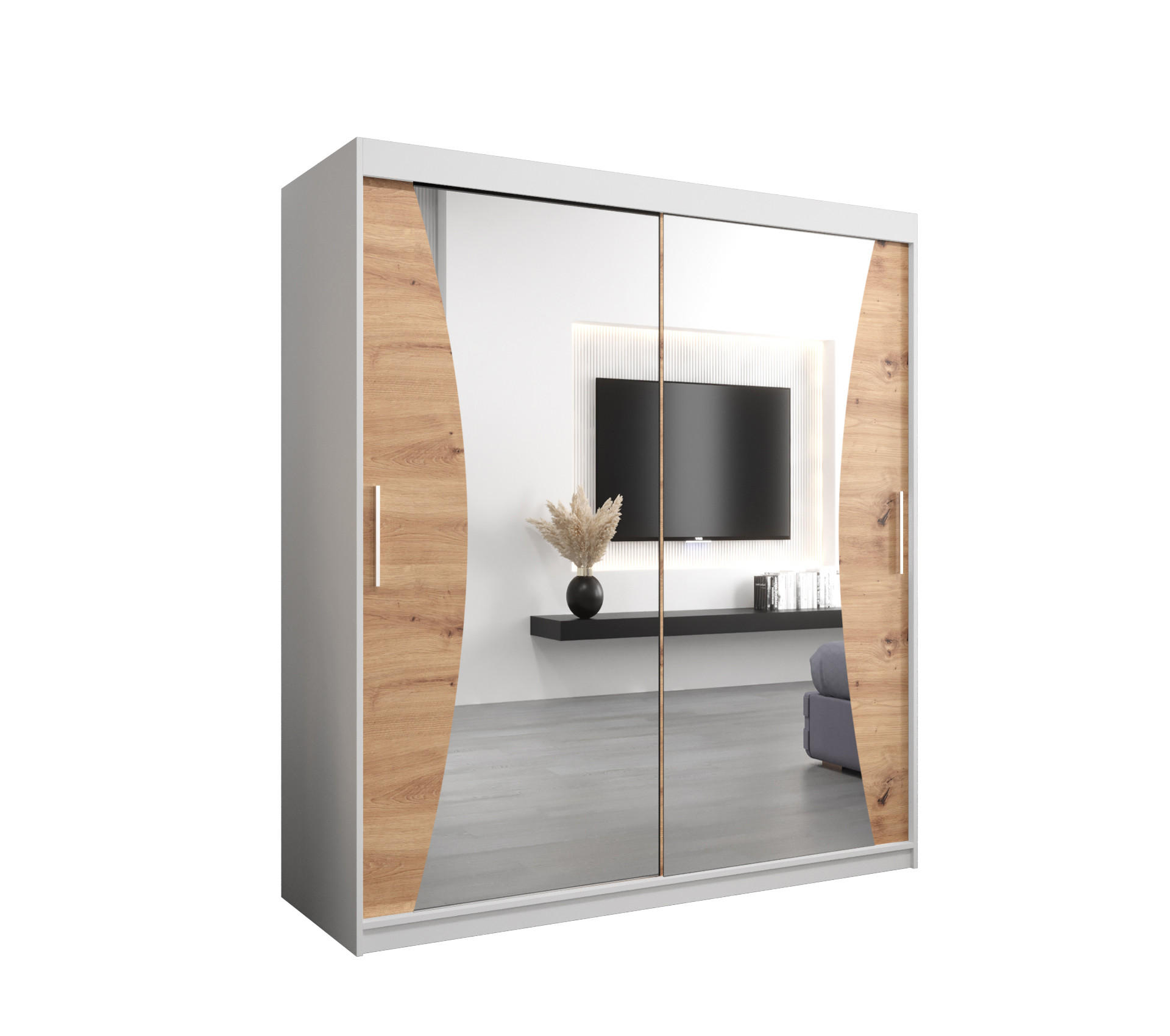 Abiks Möbel Schwebetürenschrank Weiß, Eiche Artisan 180x200x62 cm