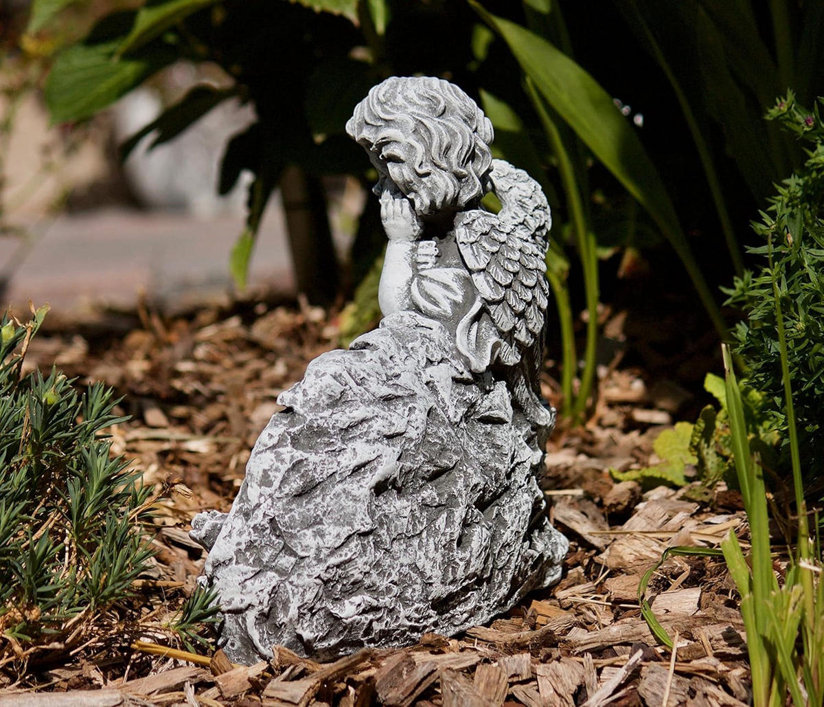 STEINFIGUR Engel am Fels mit Trauerspruch, massiver Steinguss, frostfest - Grau, Stein (26/26/9cm) - stoneandstyle