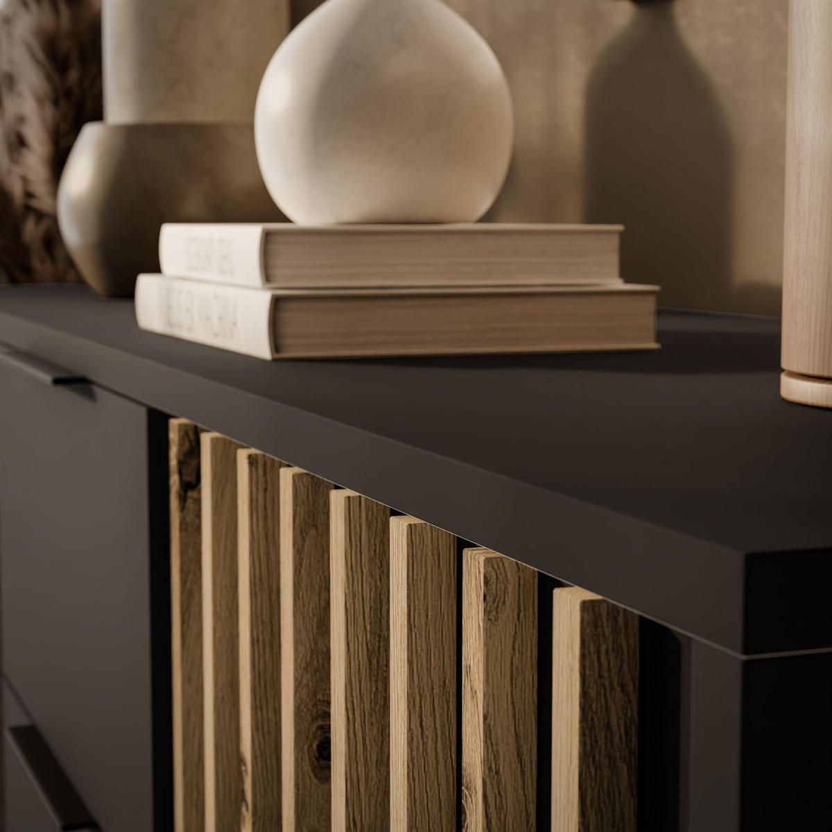 KOMMODE NELA, zweitürig mit Lamellen, Graphit/Artisan - Graphitfarben, Holzwerkstoff (155/86/45cm) - Lookway