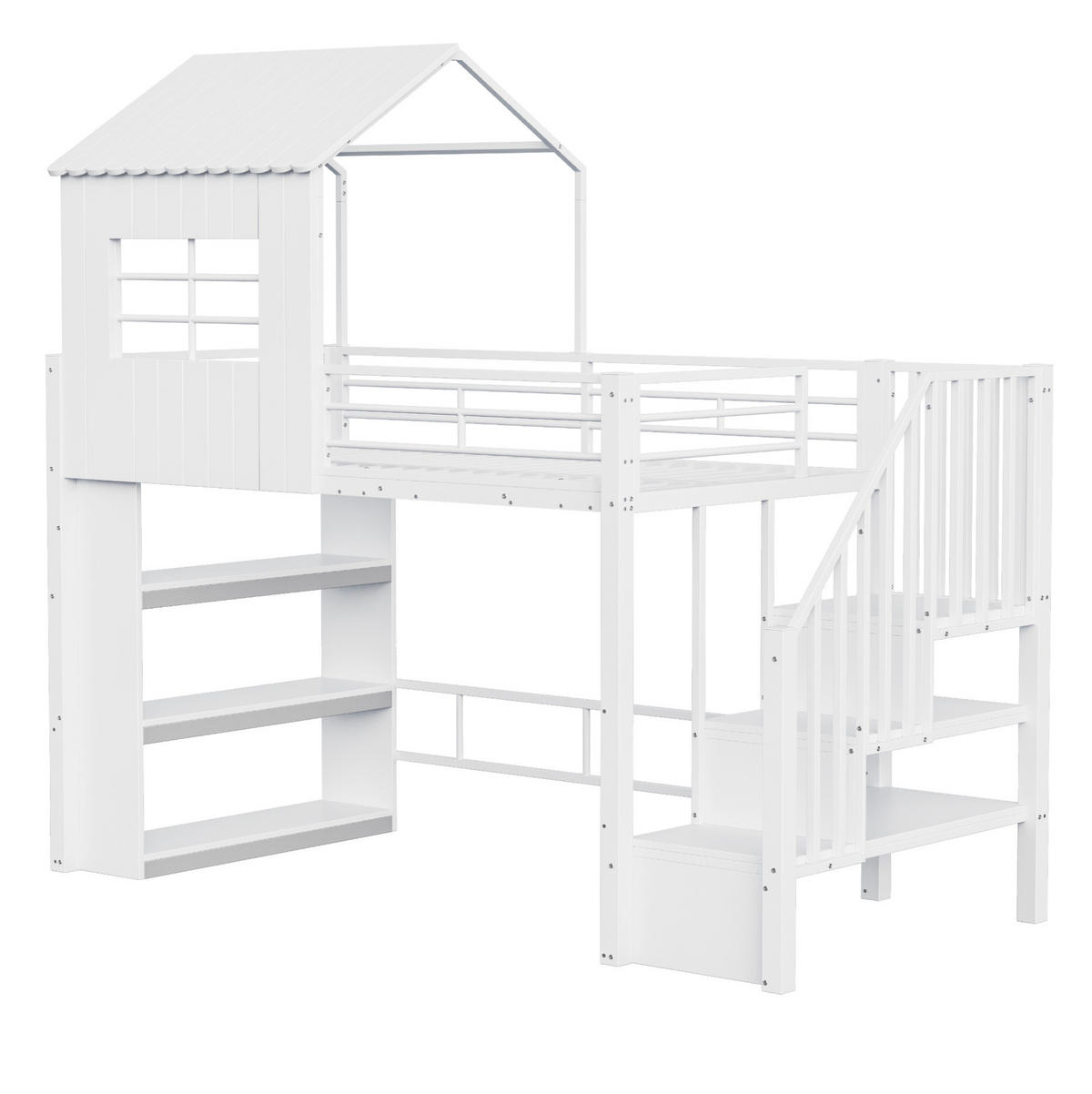 HOCHBETT aus MDF und Metall 90x200 cm Weiß mit Stauraumtreppe, Regal und großem Unterbettbereich - Weiß, Holzwerkstoff (90/200cm) - Modfu