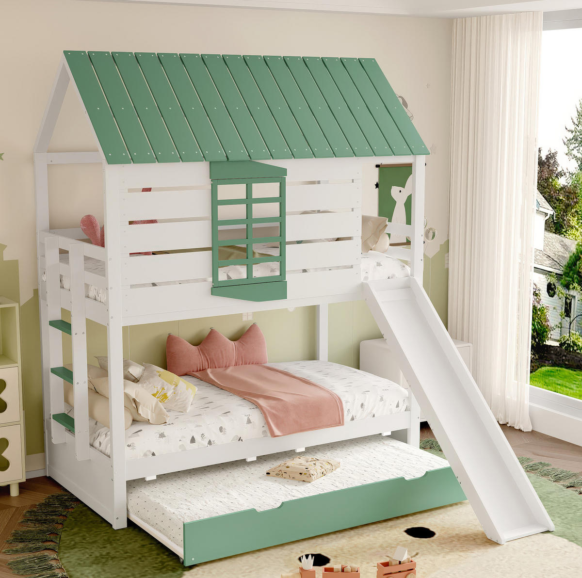 HAUSBETT 90/200 cm mit Rutsche und Ausziehbett in Weiß/Grün - Weiß, Holzwerkstoff (90/200cm) - Flora Grace