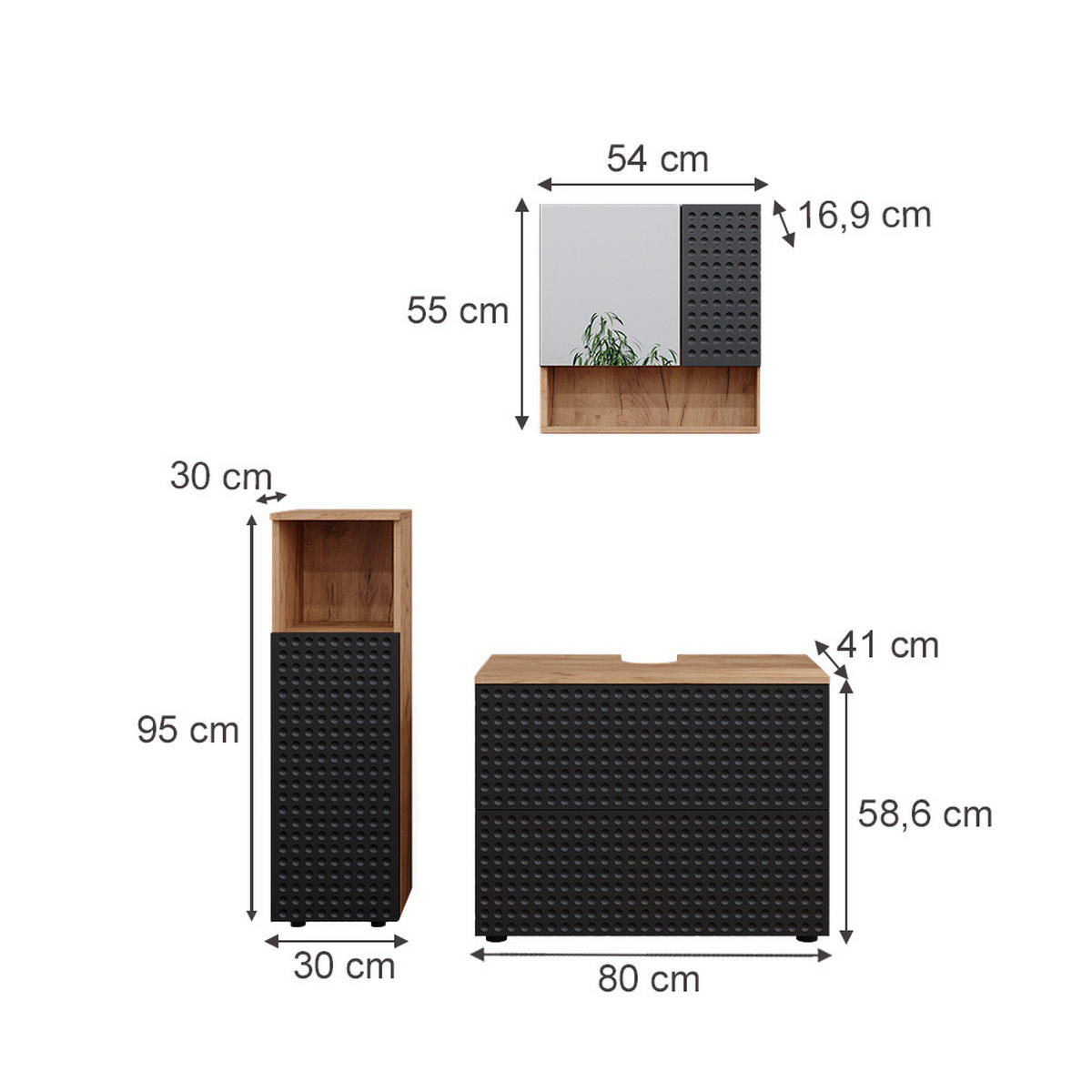 BADMÖBEL-SET Irma Anthrazit gepunktet 3 Teile, mit Midischrank - Anthrazit/Eiche Wotan, Holzwerkstoff (80/58.6/41cm) - Vicco