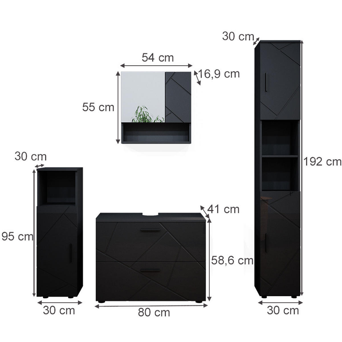 SADA NÁBYTKU DO KOUPELNY Irma Antracitový vysoký lesk - vysoce lesklá černá, kompozitní dřevo (80/58/41cm) - Vicco