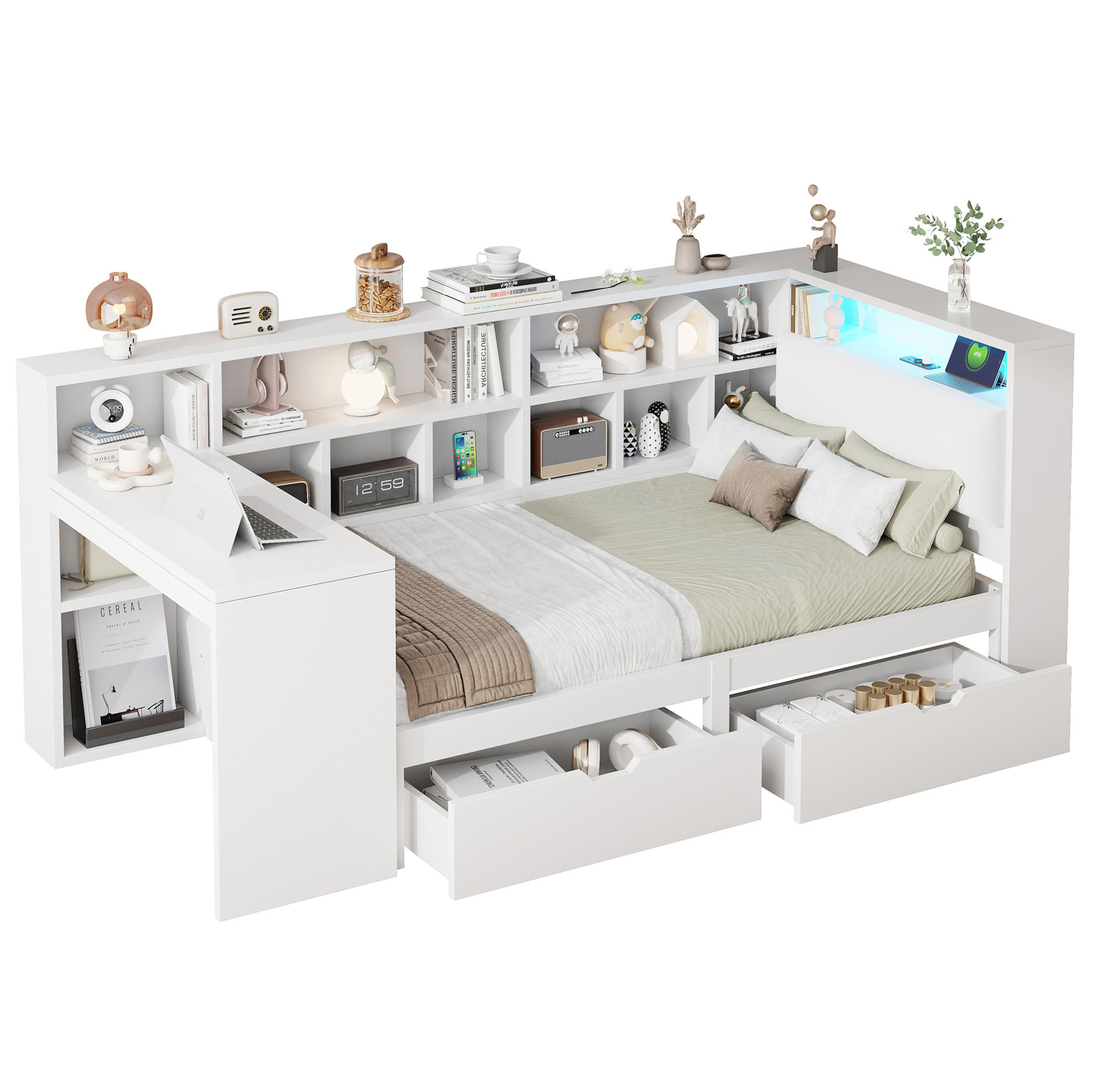 Redom POSTEL 90/200 cm s LED osvětlením, USB portem, psacím stolem, knihovnou a úložným prostorem, bílá